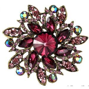 Purple Floral Pinwheel Rivoli Rhinestone Brooch